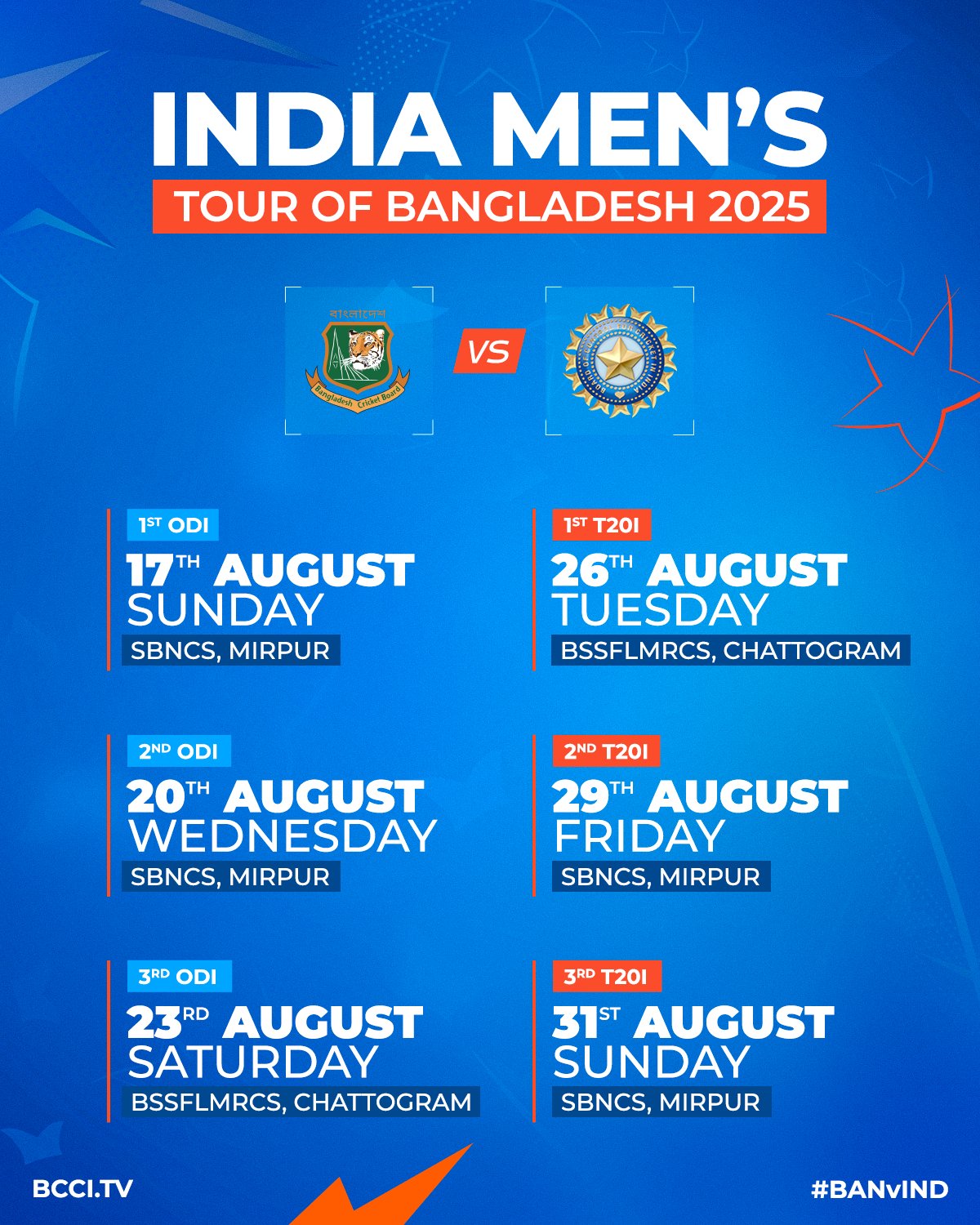 IND Vs BAN Schedule IND Vs BAN Schedule