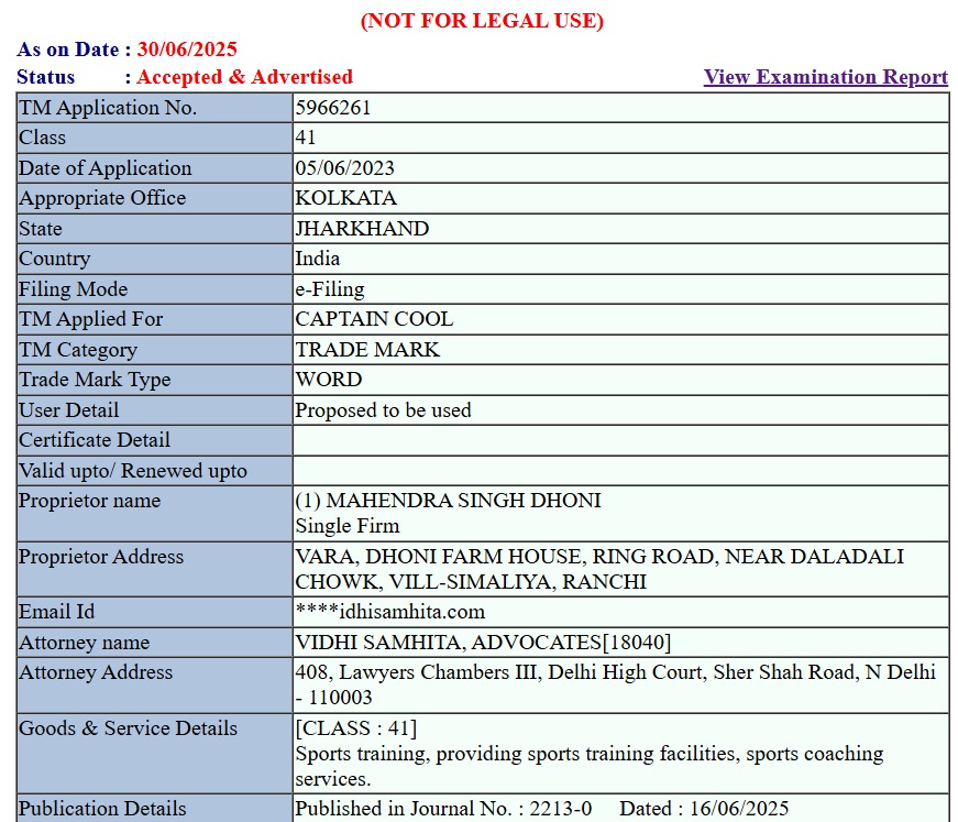Law Firm Opposes MS Dhoni Captain Cool Trademark Controversy