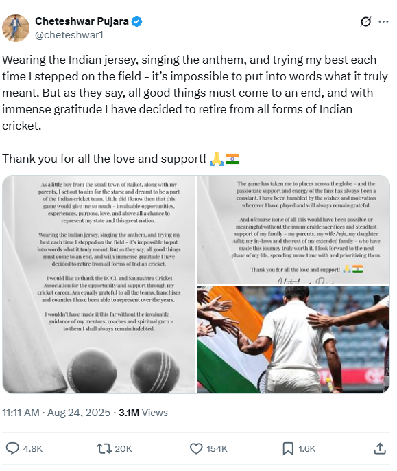 Shashi Tharoor Post on Cheteshwar Pujara retirement demand from BCCI for a dignified farewell worthy