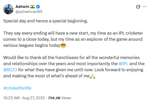 Ravichandran Ashwin IPL Retirement Social Media post Ravichandran Ashwin IPL Retirement Social Media post