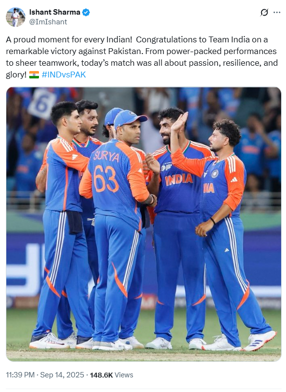 Ishant Sharma post on IND vs PAK match Asia Cup 2025 Ishant Sharma post on IND vs PAK match Asia Cup 2025