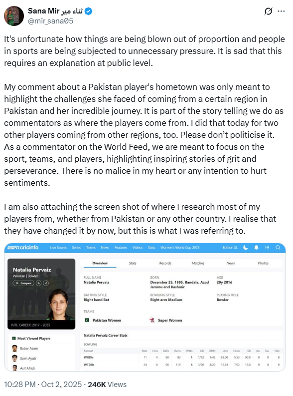 Sana Mir clarify on Azad Kashmir remarks during ICC Women's World Cup BAN vs PAK