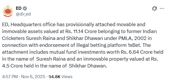 ED seizes assets worth Rs 11 crore of Suresh Raina and Shikhar Dhawan in betting case