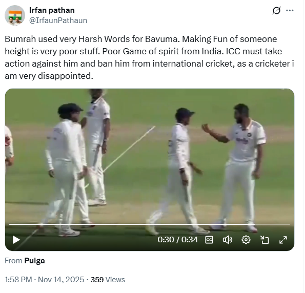 Irfan pathan got angry on Jasprit Bumrah he called Temba Bavuma bauna during IND vs SA 1st test Kolkata Irfan pathan got angry on Jasprit Bumrah he called Temba Bavuma bauna during IND vs SA 1st test Kolkata