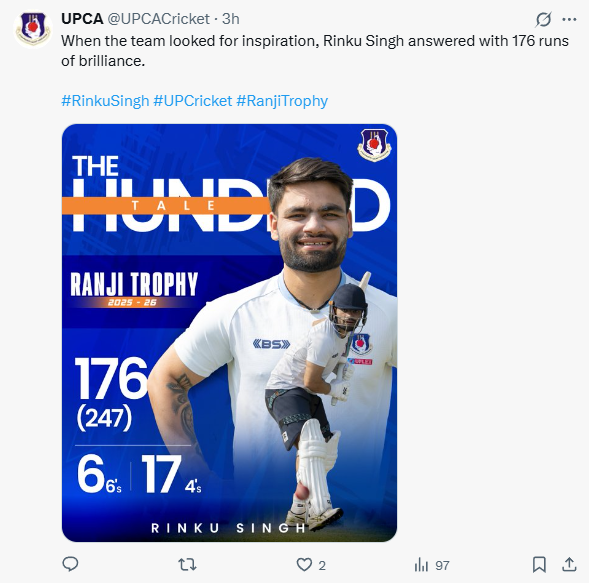 Rinku Singh 176 runs innings in red ball cricket against Tamil Nadu for Uttar Pradesh in Ranji Trophy TN vs UP