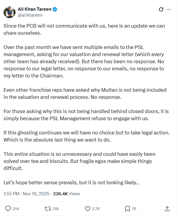 PSL franchise Multan Sultans owner Ali Khan Tareen warns of legal action against PCB PSL franchise Multan Sultans owner Ali Khan Tareen warns of legal action against PCB