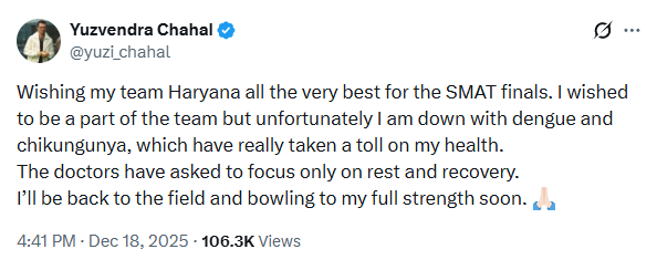 Yuzvendra Chahal breaks silence on absence of SMAT 2025 Final Jharkhand vs Haryana Yuzvendra Chahal breaks silence on absence of SMAT 2025 Final Jharkhand vs Haryana