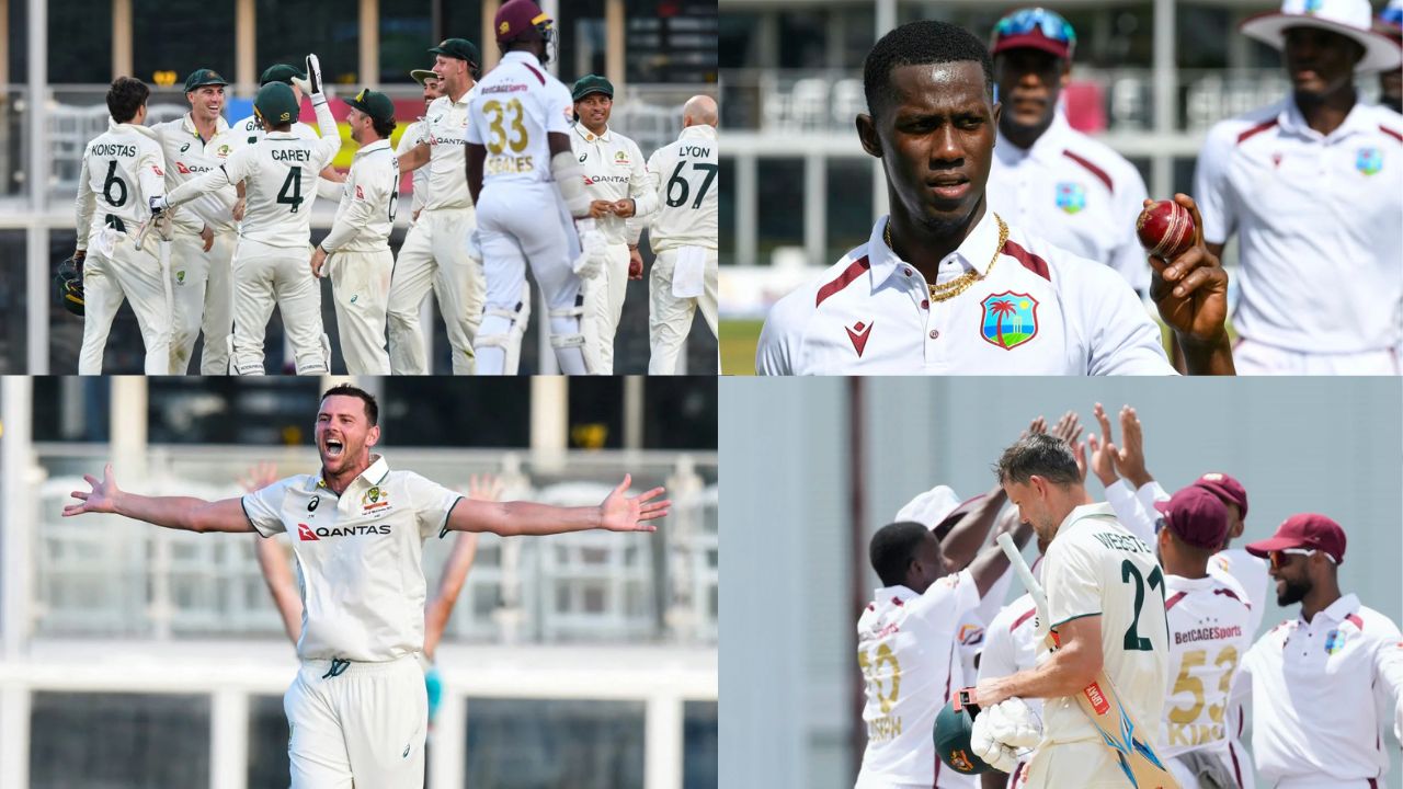 WI vs AUS 1st Test Highlights Travis Head Player of the match Jayden Seales Shamar Joseph Josh Hazlewood 5 wicket haul