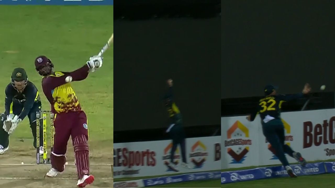 Glenn Maxwell boundary rope catch with Cameron Green of Romario Shepherd in WI vs AUS 4th T20I