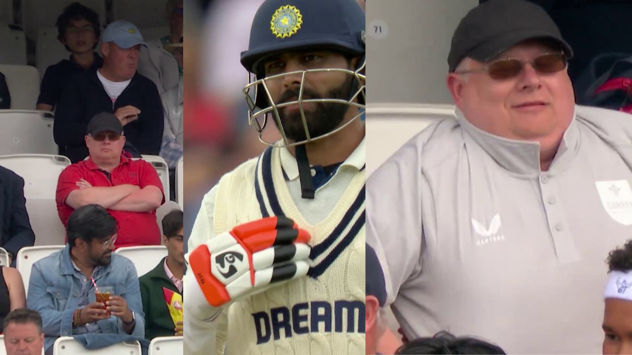 Red T shirt spectator wear Grey colour after distract Ravindra Jadeja during IND vs ENG 5th Test Day 3 The Oval