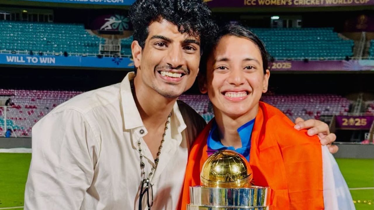 Smriti Mandhana and Palash Muchhal celebrates India win Women's World Cup 2025 Trophy at DY Patil Stadium