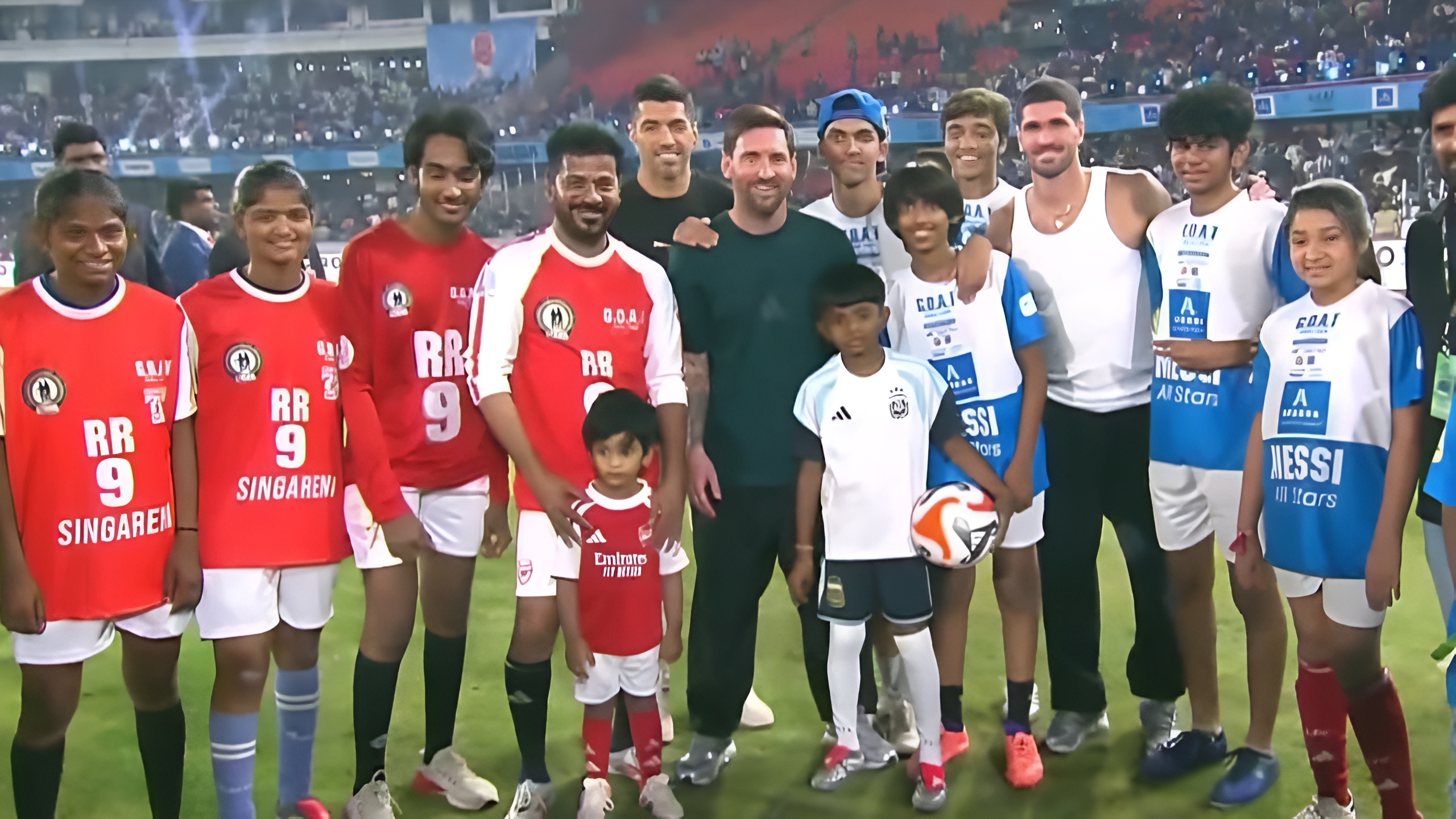Revanth Reddy Play Football with Lionel Messi in Hyderabad Rajiv Gandhi International Stadium