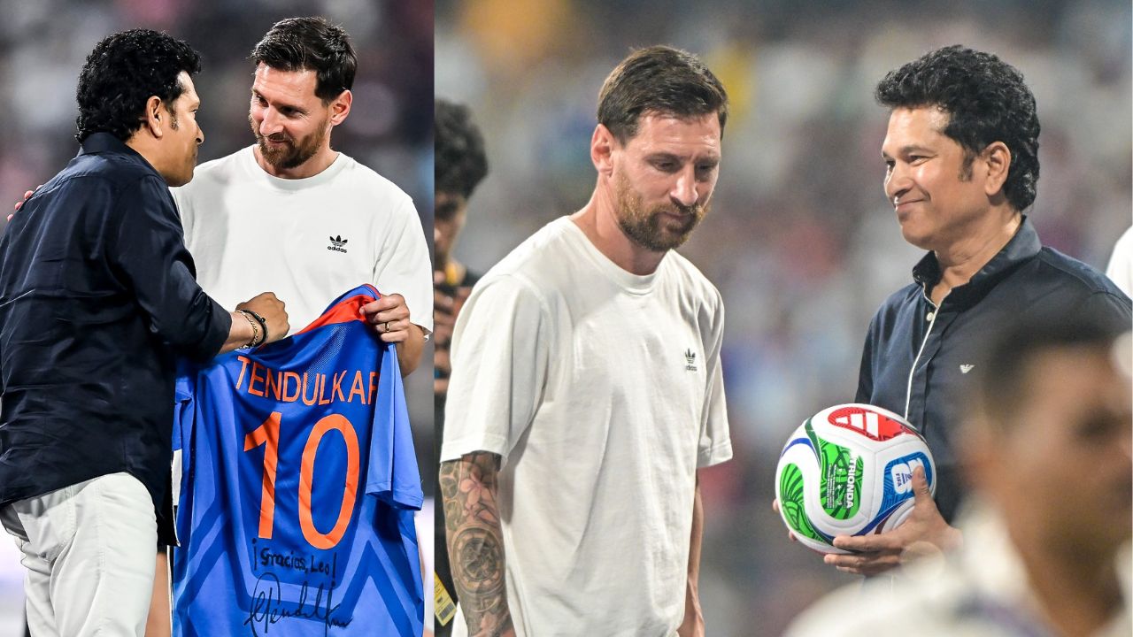 Sachin Tendulkar meets Lionel Messi, gift World Cup 2011 jersey at Wankhede Stadium during GOAT India tour 2025