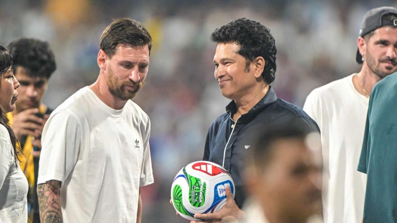 Sachin Tendulkar meets Lionel Messi, gift World Cup 2011 jersey at Wankhede Stadium during GOAT India tour 2025 Sachin Tendulkar meets Lionel Messi, gift World Cup 2011 jersey at Wankhede Stadium during GOAT India tour 2025