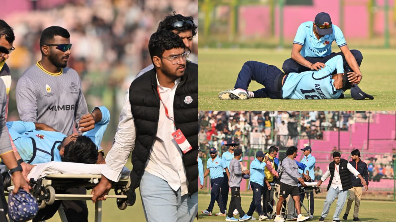Rohit Sharma teammate Angkrish Raghuvanshi serious neck injury during a live match VHT Mumbai vs Uttarakhand