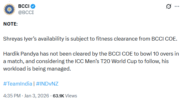 Why Hardik Pandya ruled out from IND vs NZ ODI series 2026, BCCI revealed reason