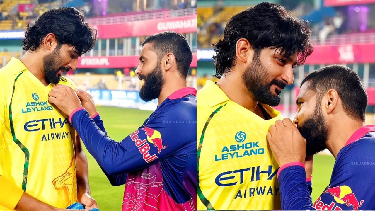 Ravindra Jadeja kisses the CSK logo on Khaleel Ahmed Jersey after the Chennai vs RR match