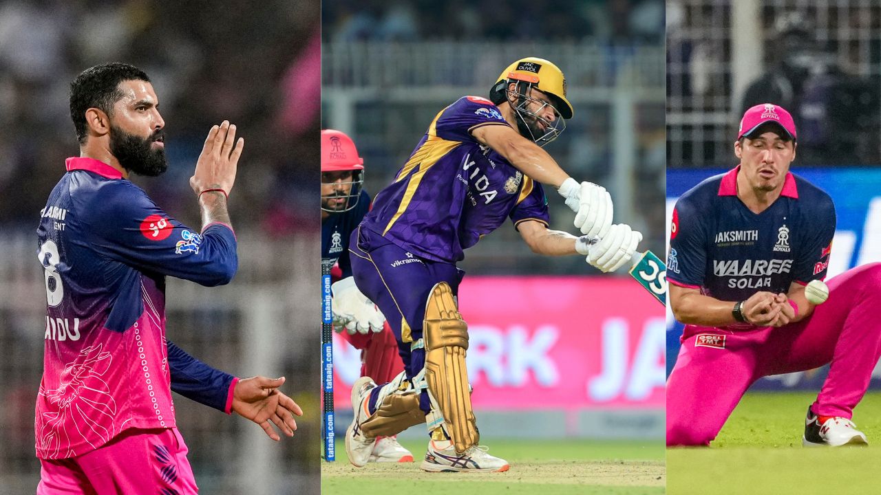 nandre burger drop rinku singh catch and KKR vs RR match slips from Rajasthan Royals