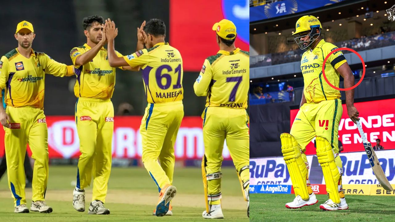 MI vs CSK Chennai Super Kings Players wearing Black arm bands giving tribute to Mukesh Choudhary mother