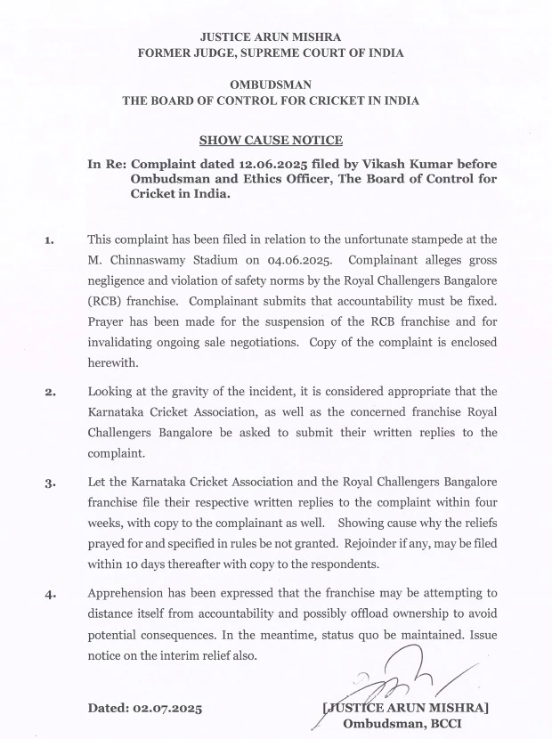 BCCI issues show cause notice to KSCA and RCB for Bengaluru stampede BCCI issues show cause notice to KSCA and RCB for Bengaluru stampede
