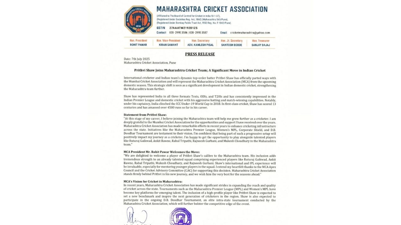 Prithvi Shaw Joins Maharashtra Cricket Association and Play under Ruturaj Gaikwad Prithvi Shaw Joins Maharashtra Cricket Association and Play under Ruturaj Gaikwad