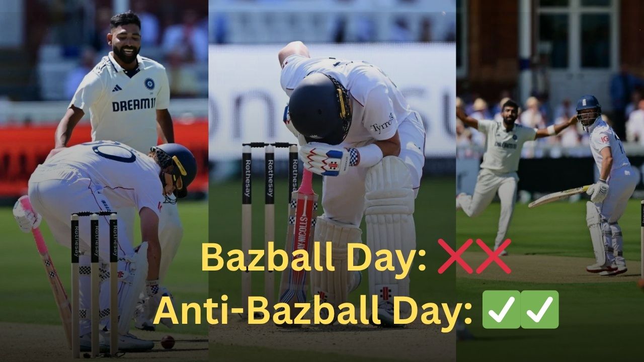 Indian Bowlers Hits on England Bazball Cricket in IND vs ENG 3rd Test Lords Mohammed Siraj Jasprit Bumrah Ravindra Jadeja Nitish Kumar Reddy
