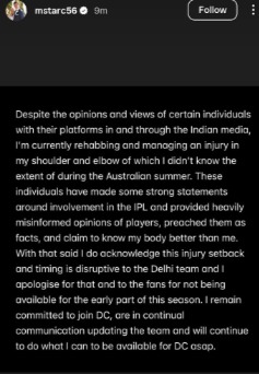 Mitchell Starc's Instagram story