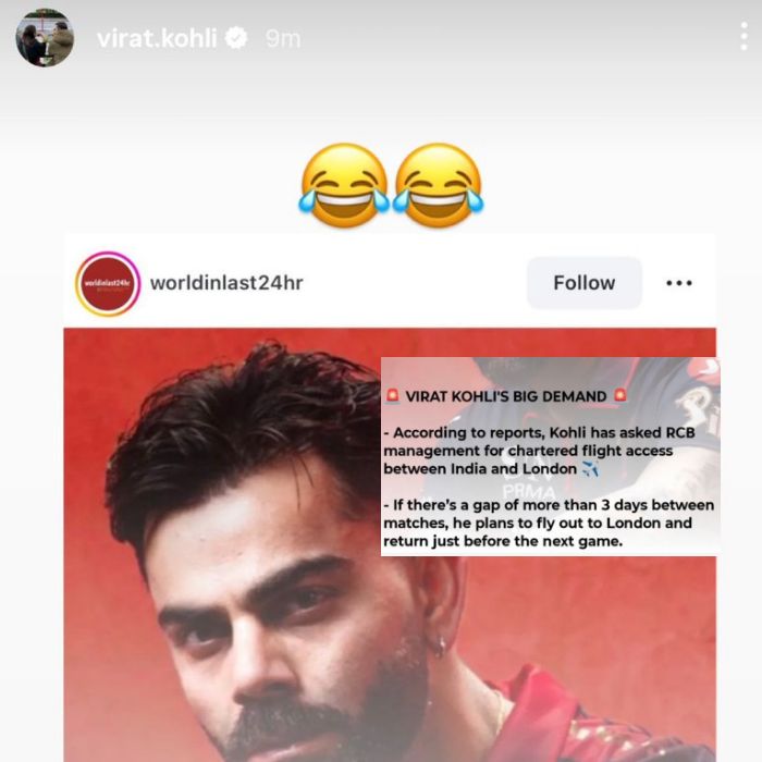 Virat Kohli breaks silence on charted flights rumours (Image Source: Instagram/ViratKohli) Virat Kohli goes on Instagram to address the chartered flight claims